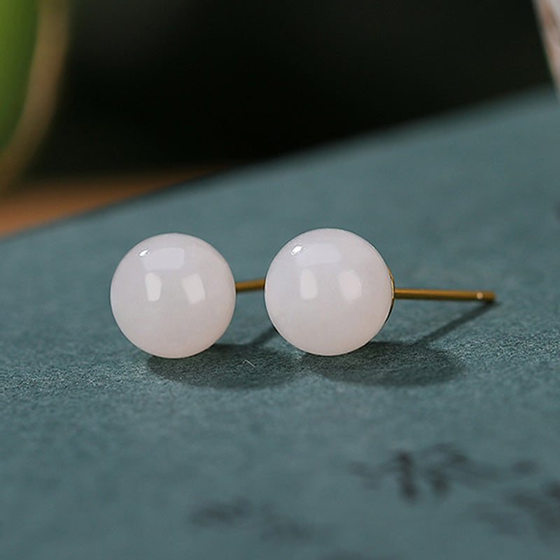 Buddha Stones 925 Sterling Silver Round White Jade Blessing Stud Earrings - image 10