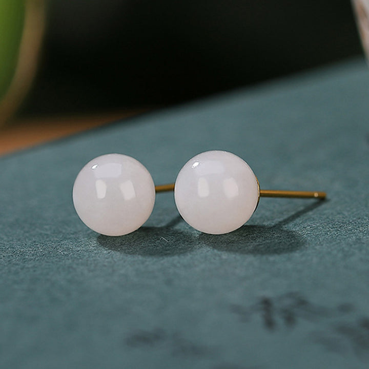 Buddha Stones 925 Sterling Silver Round White Jade Blessing Stud Earrings - image 10