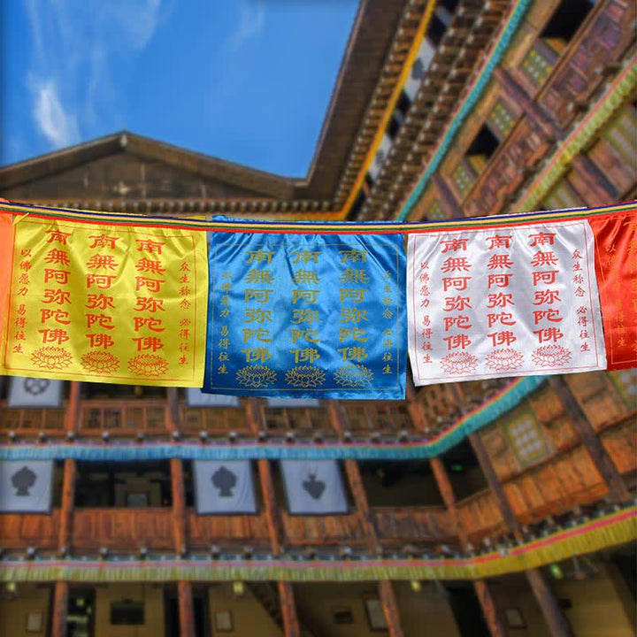 Buddha Stones Tibetan 7 Colors Windhorse Letter Auspicious Lotus Outdoor 21 Pcs Prayer Flag - 7.56m - image 0