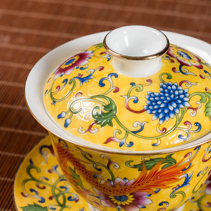 Buddha Stones Dragon Phoenix Flower Design Ceramic Gaiwan Sancai Teacup Kung Fu Tea Cup And Saucer With Lid - image 8