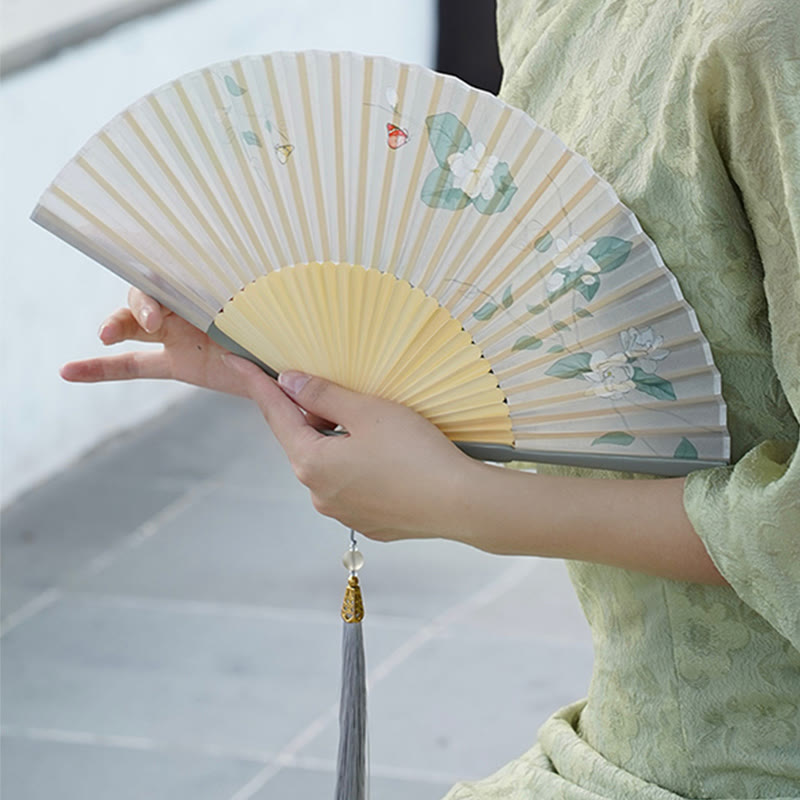 Buddha Stones Jasmine Flowers Handheld Bamboo Folding Fan - image 1