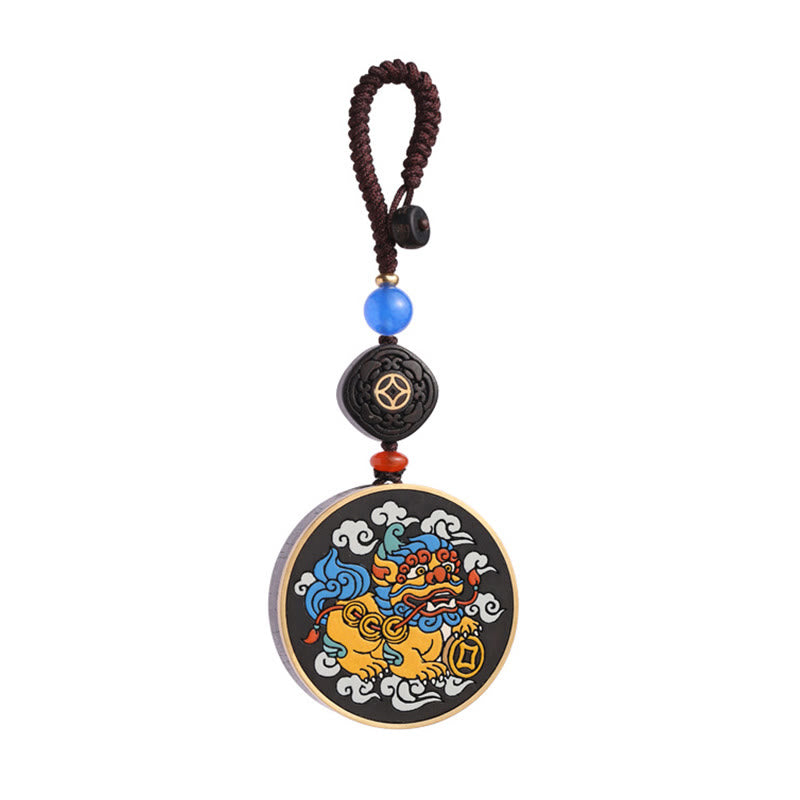 Buddha Stones PiXiu Copper Coin Ebony Wood Luck Attract Wealth Key Chain Decoration - image 15