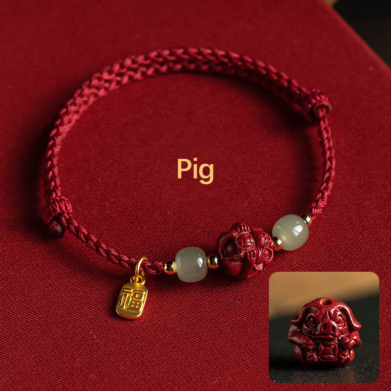 Buddha Stones Natural Cinnabar Chinese Zodiac Hetian Jade Fu Character Luck Rope Bracelet - Pig(Wrist Circumference 14-18cm) - image 21