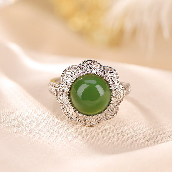 Buddha Stones 925 Sterling Silver Hetian Cyan Jade Flower Design Luck Adjustable Ring - image 2