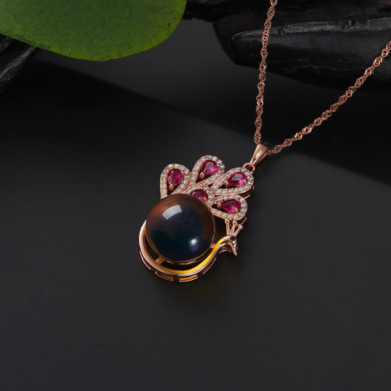 Peacock Amber Fortune Love Necklace Pendant Ring - image 1