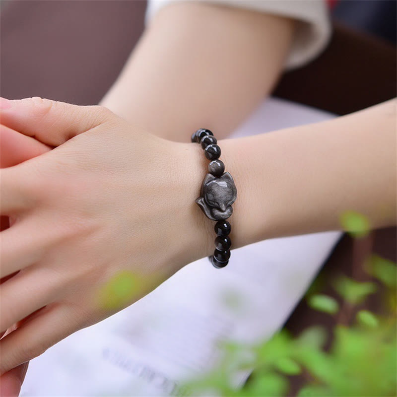 Buddha Stones Natural Silver Sheen Obsidian Fox Protection Bracelet - image 2