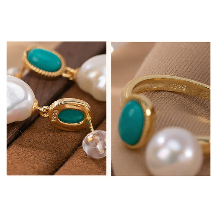 Buddha Stones 925 Sterling Silver Pearl Turquoise Healing Ring Earrings Necklace Pendant - image 4