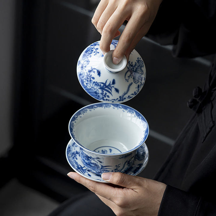 Buddha Stones Blue And White Porcelain Lotus Koi Fish Lion Dance Watermelon Ceramic Gaiwan Sancai Teacup Kung Fu Tea Cup And Saucer With Lid 300ml - image 3