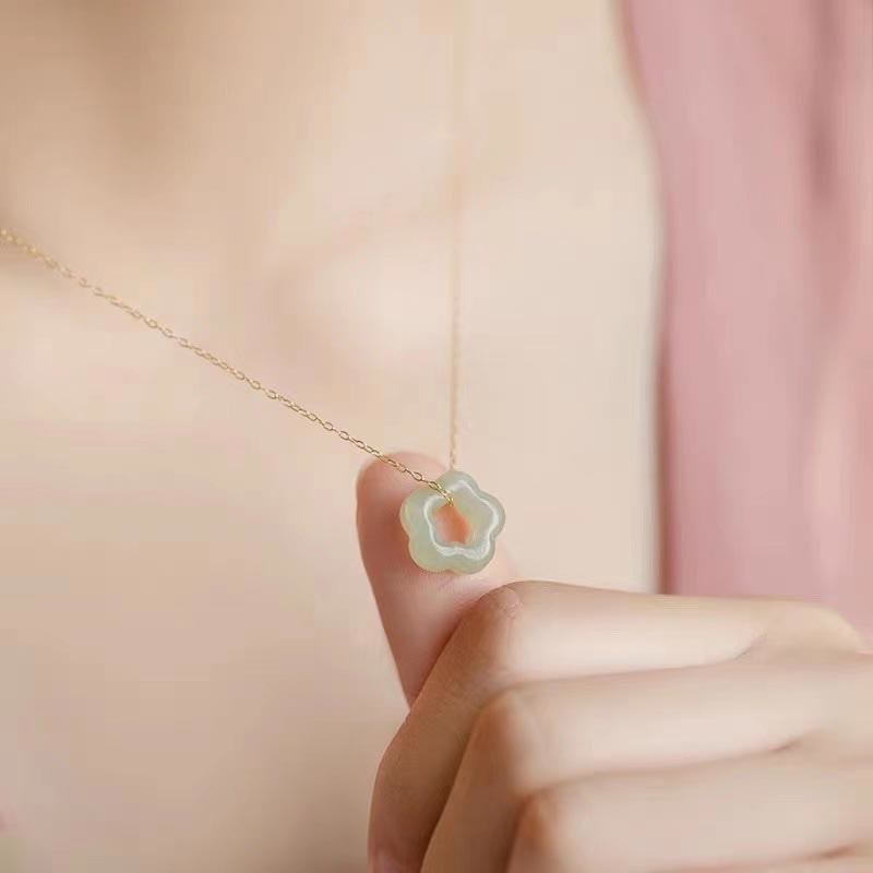 Buddha Stones Dainty Hetian Jade Cyan Jade Luck Floral Charm Necklace Pendant - image 4