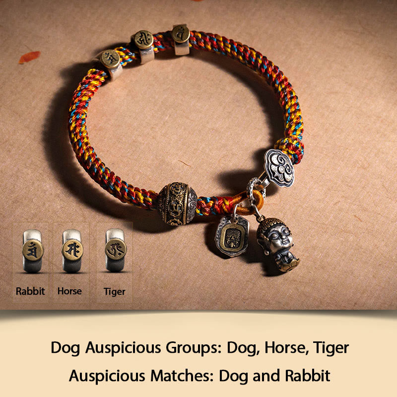 Buddha Stones Handmade Tibetan 925 Sterling Silver Chinese Zodiac Natal Buddha Zakiram Goddess of Wealth Protection Multicolored Rope Braided Bracelet - Dog-Amitabha Buddha - 17-19cm - image 16