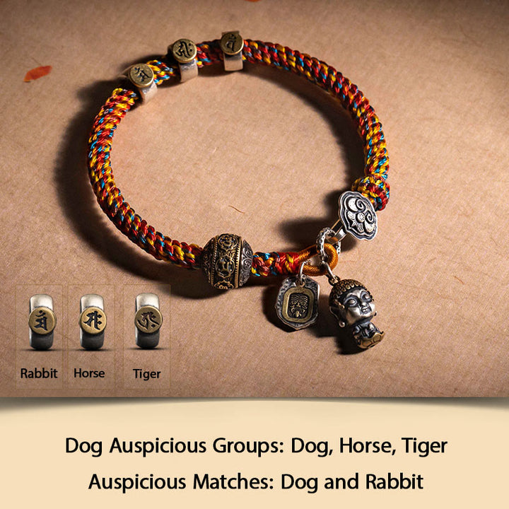Buddha Stones Handmade Tibetan 925 Sterling Silver Chinese Zodiac Natal Buddha Zakiram Goddess of Wealth Protection Multicolored Rope Braided Bracelet - Dog-Amitabha Buddha - 17-19cm - image 16