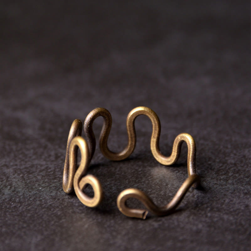 Buddha Stones Simple Curved Brass Design Copper Luck Wealth Adjustable Ring - image 1