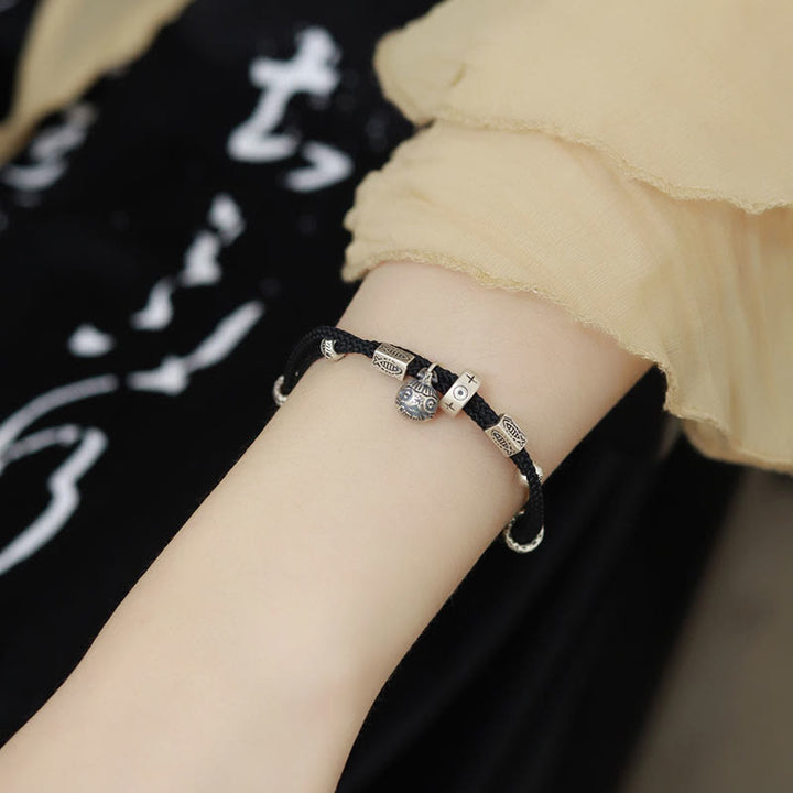 Buddha Stones 925 Sterling Silver Gold Swallowing Beast Koi Fish Wealth Handcrafted Braided Bracelet - Black(Wrist Circumference 14-16cm) - image 4