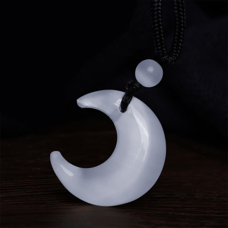 Buddha Stones Natural Silver Sheen Obsidian Selenite Crystal Crescent Moon Yin Yang Couple Protection Necklace Pendant - image 13