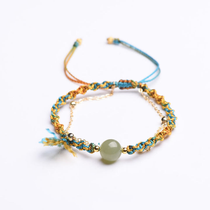 Buddha Stones Handmade Colorful Rope Luck Jade Bead Abundance Double Layer Bracelet - image 6