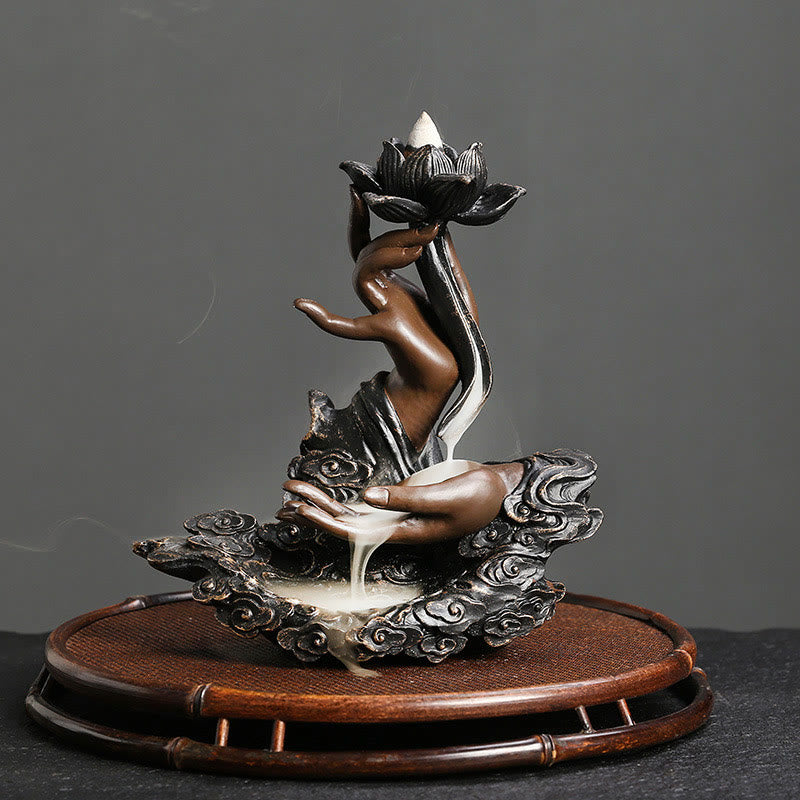 Buddha Stones Lotus Buddha Hand Auspicious Clouds Pattern Meditation Resin Backflow Incense Burner - image 1