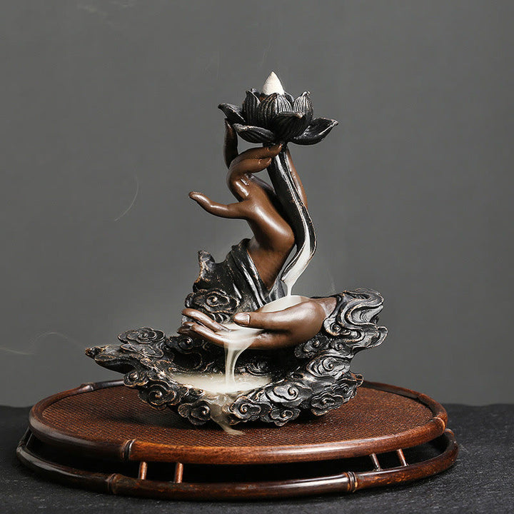 Buddha Stones Lotus Buddha Hand Auspicious Clouds Pattern Meditation Resin Backflow Incense Burner - image 1
