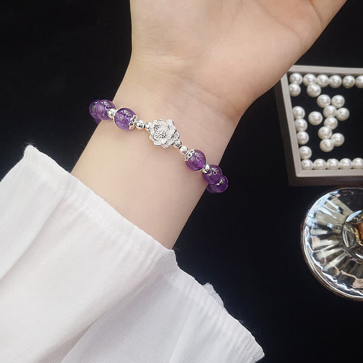 Buddha Stones 925 Sterling Silver Natural Amethyst Lotus Spiritual Bracelet - image 2