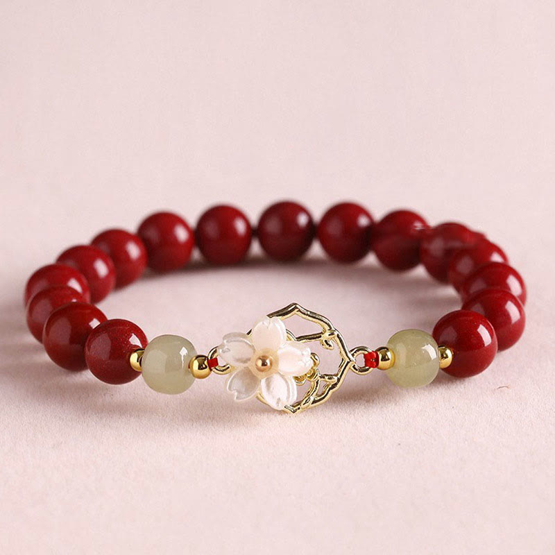 Buddha Stones Natural Cinnabar Jade Beaded Tridacna Stone Flower Blessing Bracelet - image 0