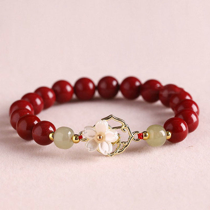 Buddha Stones Natural Cinnabar Jade Beaded Tridacna Stone Flower Blessing Bracelet - image 0