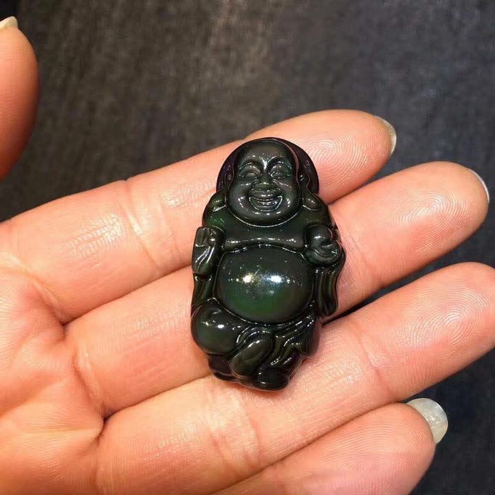Natural Rainbow Obsidian Laughing Buddha Inner Peace Necklace Pendant - image 7