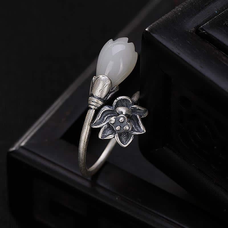 Buddha Stones Jade Lotus Copper Balance Healing Adjustable Ring - image 5