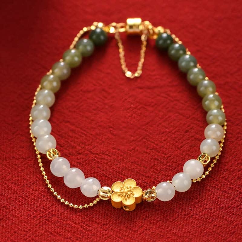 Buddha Stones 925 Sterling Silver Natural Hetian Jade Peach Blossom Luck Chain Bracelet - Hetian Jade(Prosperity♥Abundance) - image 0