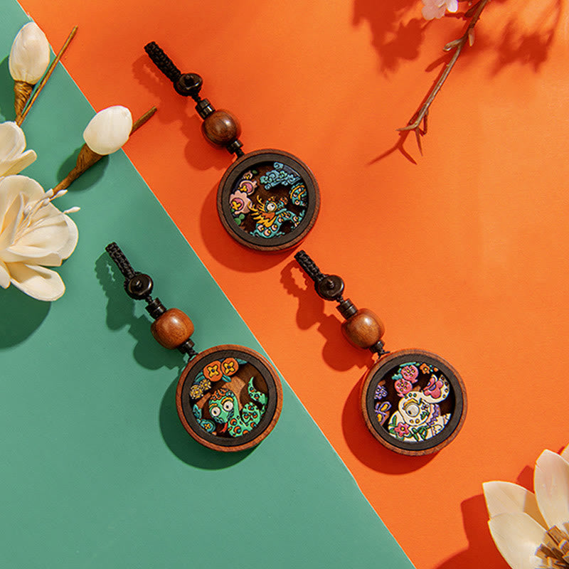 Buddha Stones Year Of The Dragon Hand Painted Chinese Zodiac Rosewood Carved Calm Key Chain - image 1