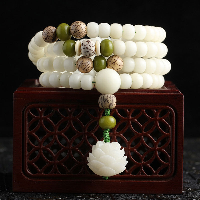 Buddha Stones White Jade Bodhi Lotus Mala Harmony Necklace Bracelet - image 0