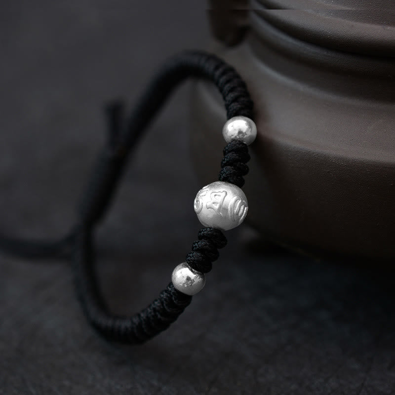 Buddha Stones 999 Sterling Silver Om Mani Padme Hum Copper Coin Luck Strength String Couple Bracelet - Silver Om Mani Padme Hum - Black Rope(Bracelet Size 15.5-24cm) - image 7