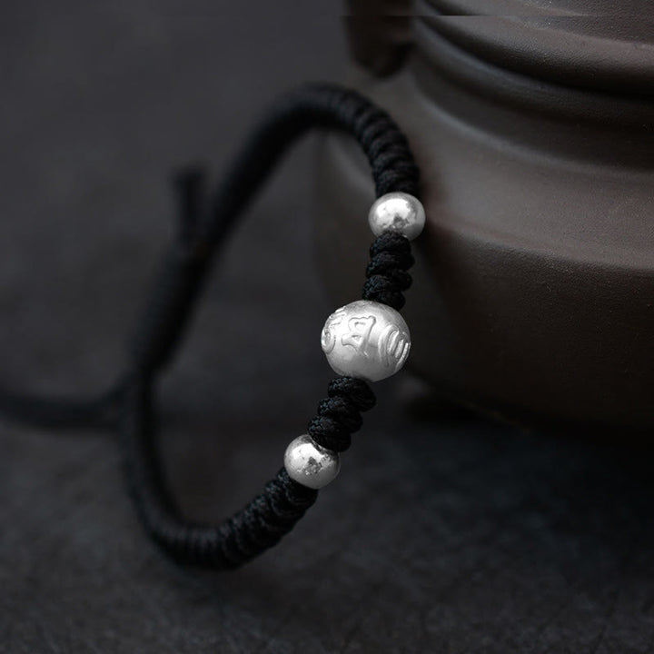 Buddha Stones 999 Sterling Silver Om Mani Padme Hum Copper Coin Luck Strength String Couple Bracelet - Silver Om Mani Padme Hum - Black Rope(Bracelet Size 15.5-24cm) - image 7