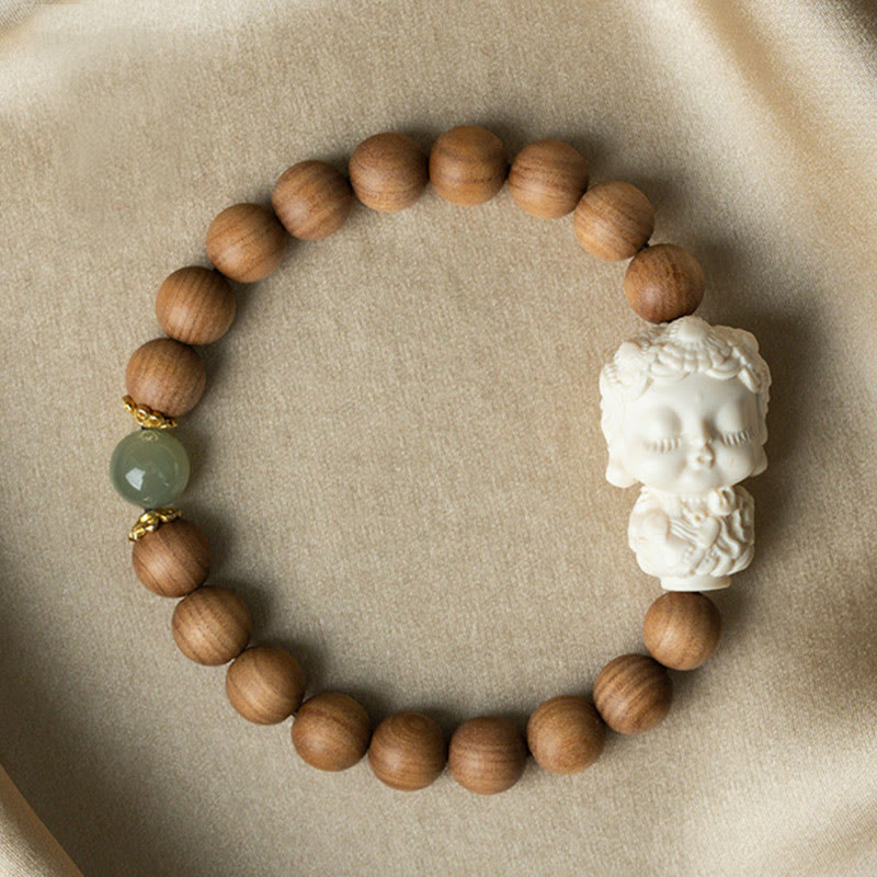 Buddha Stones Sandalwood Hetian Jade Ivory Fruit Green Tara Protection Bracelet - Sandalwood Bracelet(Wrist Circumference 14-16cm) - image 1