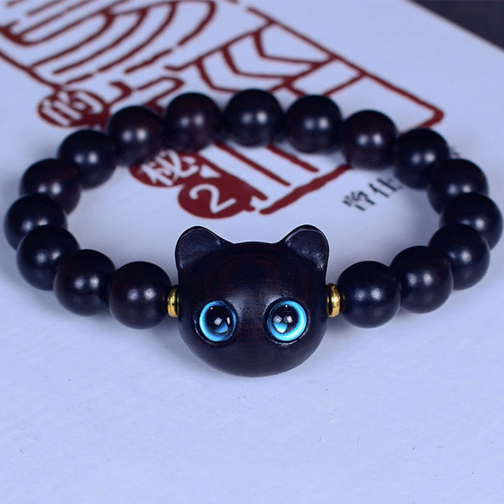 Buddha Stones Ebony Wood Liuli Glass Lovely Cat Peace Balance Bracelet - Ebony 10mm*15 Beads(Wrist Circumference 14-16cm) - image 9