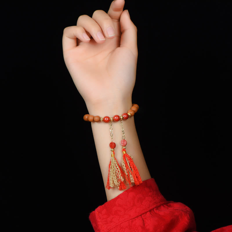 Buddha Stones Tibetan Natural Peach Wood Cinnabar PiXiu Wealth Tassels Bracelet - image 6