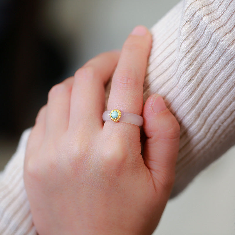 Buddha Stones White Agate Cyan Jade Turquoise Red Agate Luck Protection Ring - image 6