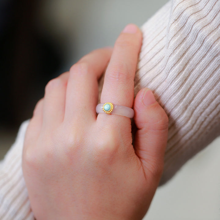 Buddha Stones White Agate Cyan Jade Turquoise Red Agate Luck Protection Ring - image 6