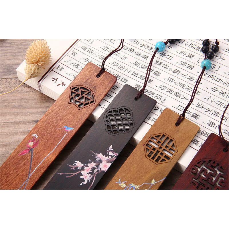 Buddha Stones 4Pcs Four Seasons Plum Orchid Bamboo Chrysanthemum Peking Opera Mask Wood Bookmarks With Gift Box - image 10