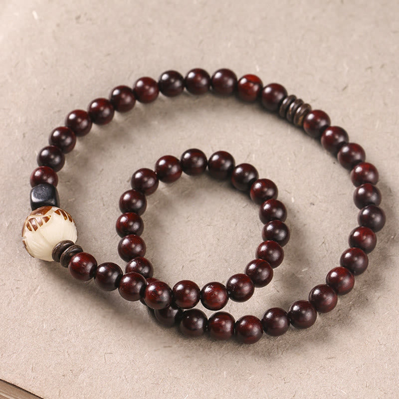 Buddha Stones Small Leaf Red Sandalwood Lotus Bodhi Seed Carved Protection Double Wrap Bracelet - image 1