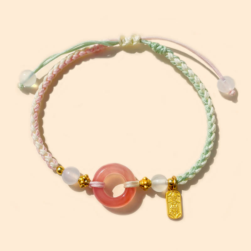 Buddha Stones Peace And Joy Agate Peace Buckle Auspicious Handmade Braided Bracelet - Green Pink Peace Buckle(Wrist Circumference 14-19cm) - image 0