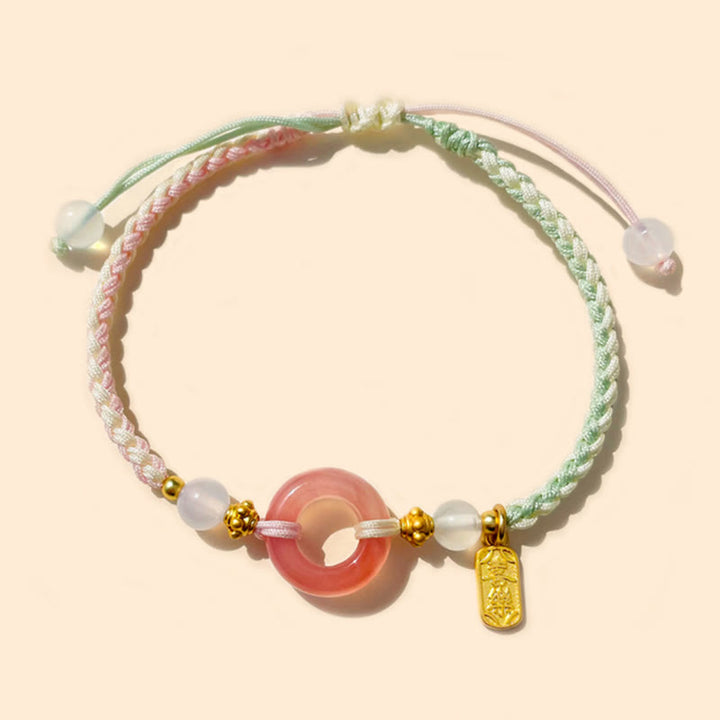 Buddha Stones Peace And Joy Agate Peace Buckle Auspicious Handmade Braided Bracelet - Green Pink Peace Buckle(Wrist Circumference 14-19cm) - image 0