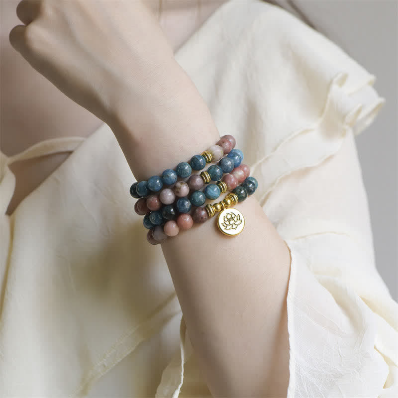 Buddha Stones Lazurite Picasso Jasper Amazonite Rhodonite Apatite Positive Lotus Prayer Bead Bracelet - image 15
