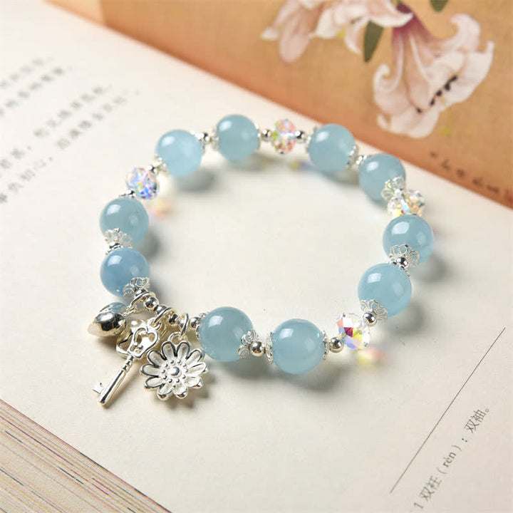 Buddha Stones 925 Sterling Silver Natural Aquamarine Serenity Flower Love Key Charm Bracelet - image 3