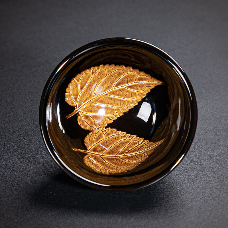 Buddha Stones Gold Maple Leaf Chinese Jianzhan Ceramic Teacup Tenmoku Kung Fu Tea Cup Bowl - Double Maple Leaf 9cm*4.5cm*120ml - image 0