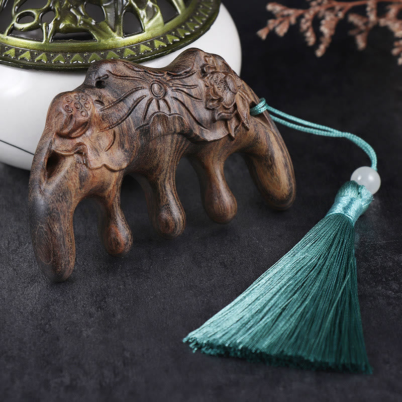 Green Sandalwood Plum Blossom Flowers Lotus Koi Fish Engraved Soothing Tassel Comb - Chacate Preto Wood Lotus Flower Pod - image 12