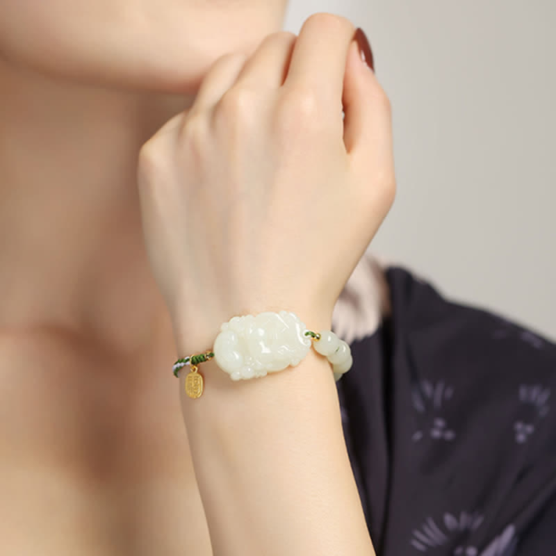 Buddha Stones 925 Sterling Silver Chinese Zodiac Hetian Jade Happiness Luck String Bracelet - image 5