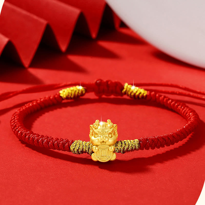 Buddha Stones 999 Sterling Silver Year of the Dragon Copper Coin Fortune Dragon Fu Character Luck Handcrafted Red String Braided Bracelet - Gold Copper Coin Fortune Dragon(Wrist Circumference 14-21cm) - image 0