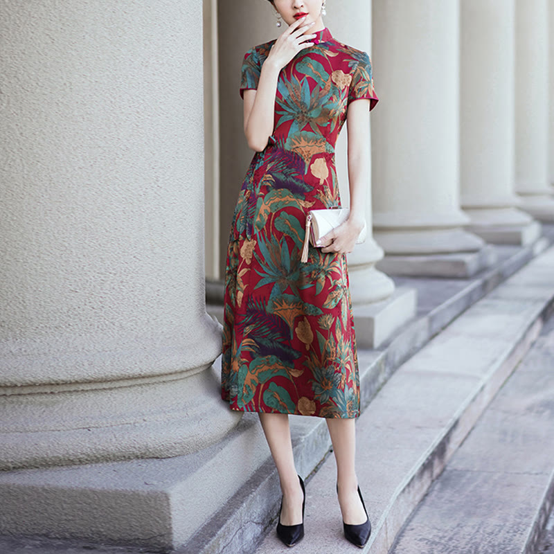 Buddha Stones Silk Qipao Dress Retro Flower Leaf Pattern Women's Cheongsam Dress - image 1