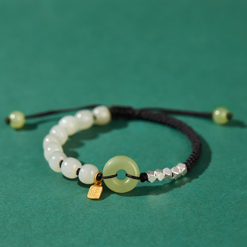 Buddha Stones 925 Sterling Silver Hetian Jade Peace Buckle Beaded Luck Happiness Charm Bracelet - Black - image 10