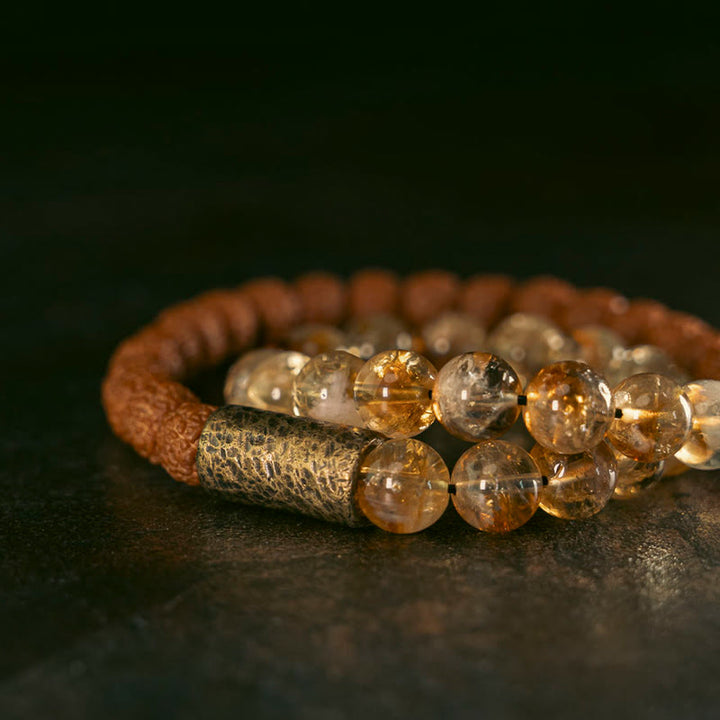 Buddha Stones Natural Citrine Crystal Rudraksha Bodhi Seed Brass Bead Prosperity Double Wrap Bracelet - image 2
