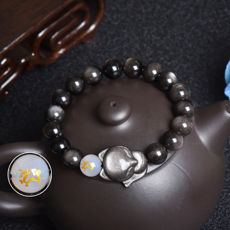 Buddha Stones Natural Rainbow Obsidian Gold Sheen Obsidian Silver Sheen Obsidian Fox Healing Bracelet - image 17
